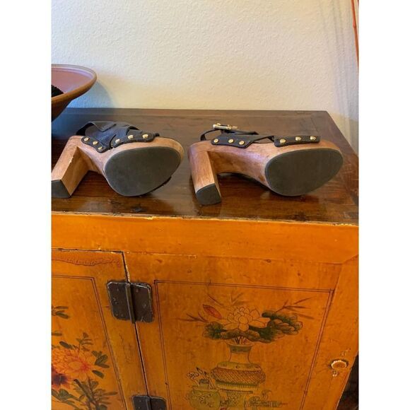 TORY BURCH Jodie Brown Leather Wooden Heels 7.5M - Picture 12 of 13